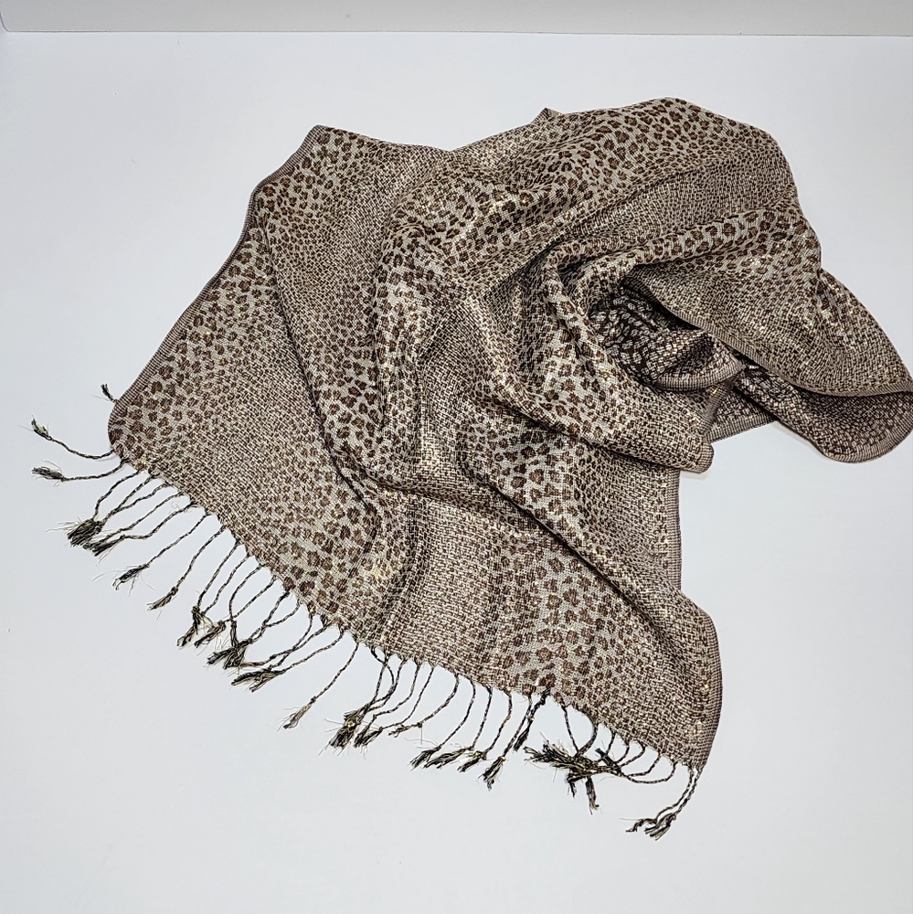 LEOPARD PRINT RECTANGLE SCARF IN BROWN, TAUPE, AND GOLD METALLIC NWOT MINT